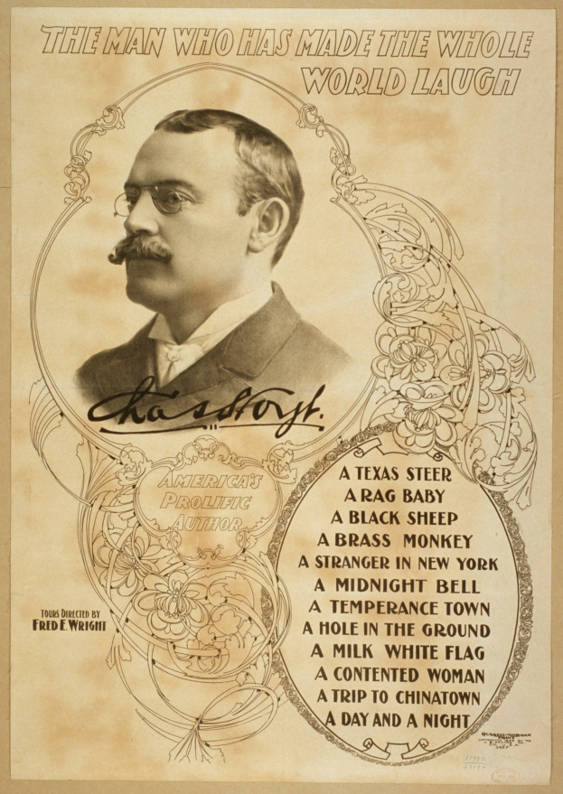Ein Mann mit Schnurrbart und Brille schaut ernst in die Ferne, mit der Aufschrift "Der Mann, der die ganze Welt zum Lachen gebracht hat" darüber.