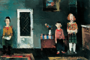 Malerei von drei Kindern in einem Raum mit einem Blumenstrauß auf einem Tisch, einer Tür, einem Foto Rahmen an der Wand und einem Teppich auf dem Boden.