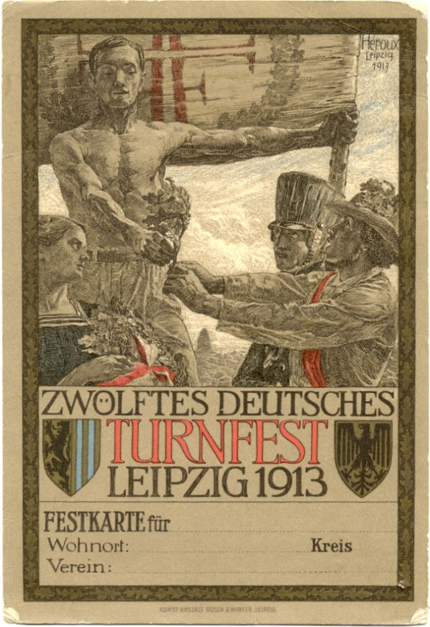 Plakat für das Zwölftes Deutsche Turnfest Leipzig 1913 mit einer zentralen Gruppe von Menschen und Text mit Veranstaltungseinzelheiten.