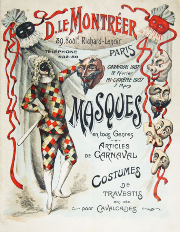 Ein Plakat für einen Karneval in Paris, Frankreich, das eine Person in Kostüm mit einem Stock zeigt, umgeben von Text und Bildern von Masken.