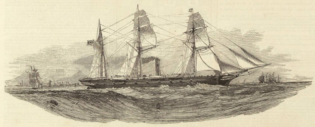 Eine detaillierte Gravur eines Segelschiffs mit geblähten Segeln, das auf dem Meer segelt, begleitet von anderen Schiffen im Hintergrund, mit Text unten.