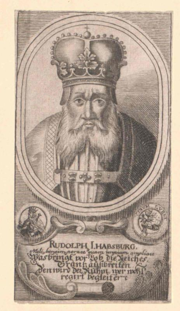 Eine Gravur von Rudolf I., König von Deutschland, mit Krone und langem Bart und Text unten.