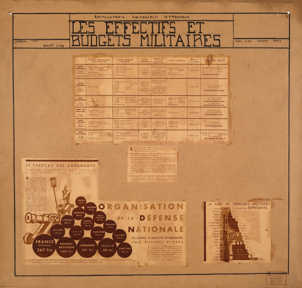 Altes Buch mit Papieren, die Text und Bilder zu den Auswirkungen und Budgets von Militärpersonal enthalten, gestapelt übereinander.