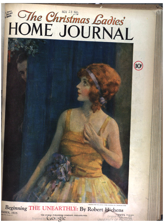 Ein Buch mit dem Titel "The Christmas Ladies' Home Journal", das eine Frau in einem roten Kleid mit weißem Kragen und Schleife im Haar zeigt, die in einem verschneiten Feld unter einem blauen Himmel steht, mit dem Titel in fetter weißer Schrift.