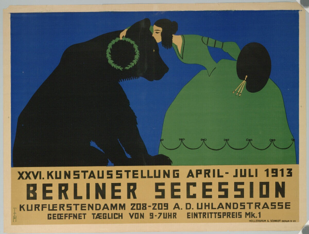 Ein Vintage-Plakat für die Berliner Secession im Jahr 1913, das eine Frau mit einem Hund zeigt, mit Text, der Informationen zum Ereignis enthält.