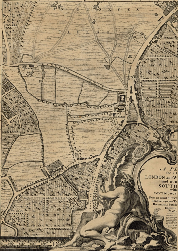 Ein detailliertes Plakat einer Karte von London und seiner Umgebung mit einer zentralen Skulptur einer Person.