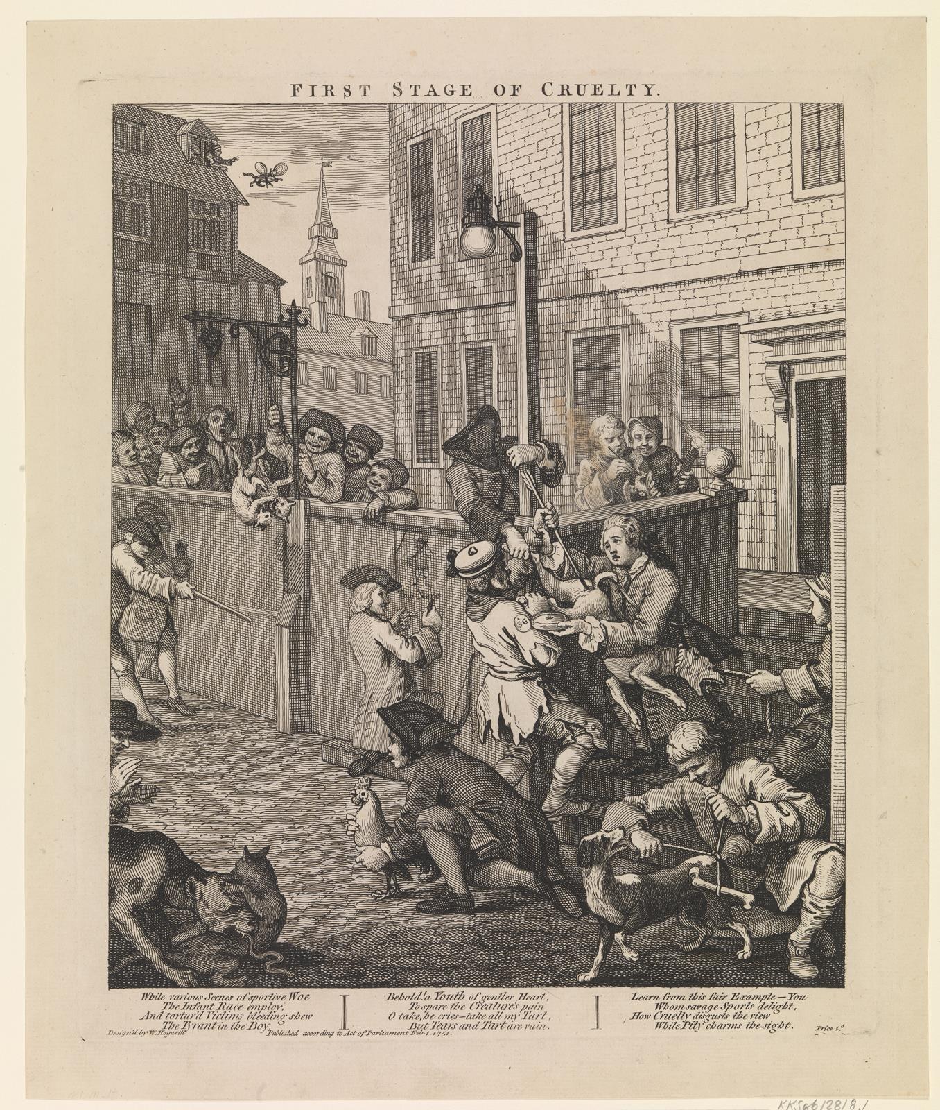 Gruppe von Menschen und Tieren versammelt sich vor einem Gebäude mit Fenstern und einer Straßenlaterne, mit dem Text "Erste Stufe der Grausamkeit" unten.