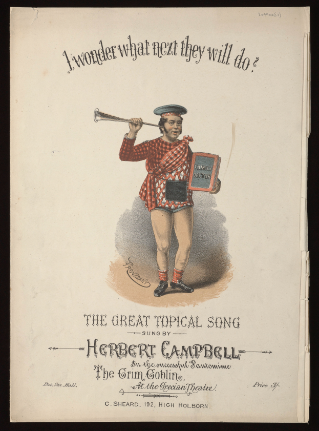 Eine Person in farbenfroher Kleidung hält ein Musikinstrument und singt von Notenblättern mit der Überschrift "Der große aktuelle Song von Herbert Campbell", mit fröhlicher Miene.