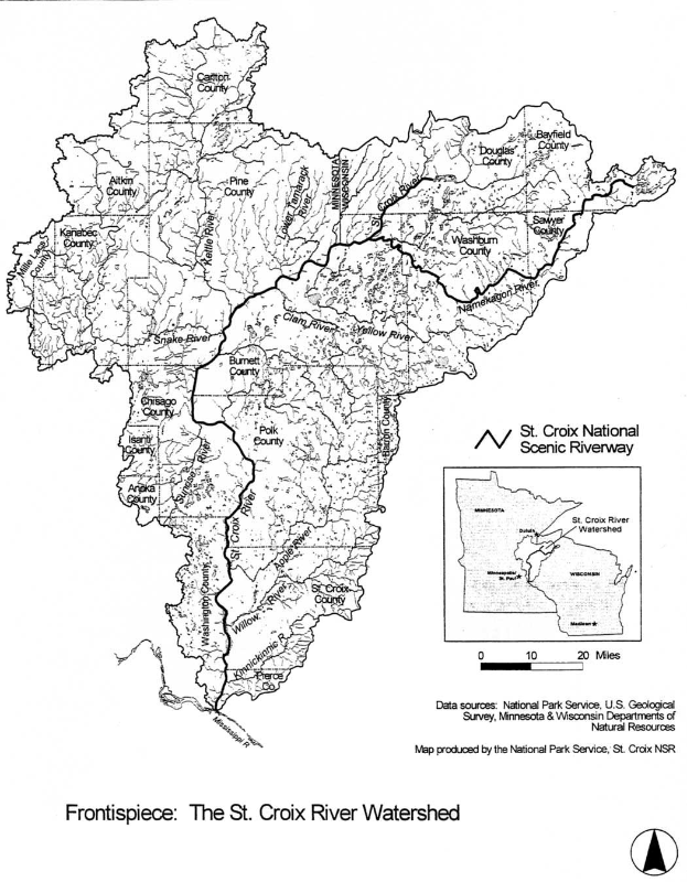Eine detaillierte Karte des St. Croix River-Wasserbeckens, die Flüsse, Grenzen, Städte und Ortschaften zeigt, begleitet von informativem Text und einem Logo.