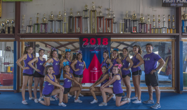 Gruppe von Cheerleadern in lila T-Shirts und schwarzen Shorts, die vor einer Vitrine mit Trophäen posen, im Hintergrund ein Banner mit der Aufschrift "2018 Summit Cheerleading Champions".