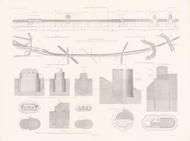 Ein detailliertes architektonisches Zeichnung des Berliner Stettliner Eisenhahn-Gebäudes, das Diagramme, Text und zahlreiche Illustrationen zu dessen Bau zeigt.
