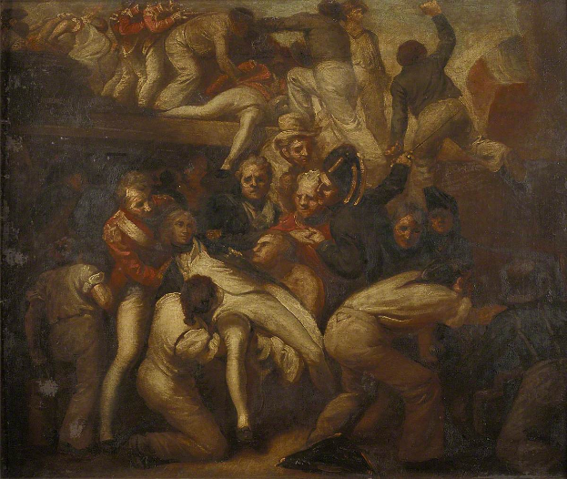 Ein Gemälde, das eine chaotische Szene aus der Französischen Revolution zeigt, mit einer Gruppe von Menschen in einem Raum aus dem 18. Jahrhundert, voller leuchtender Farben und detaillierter Details.