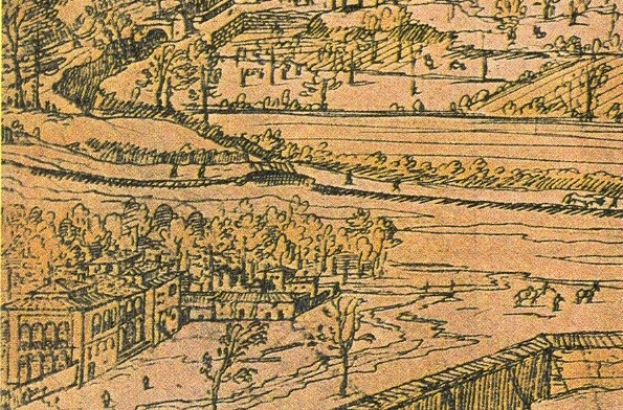 Eine Zeichnung einer Stadt mit einem gewundenen Fluss, der von üppigen grünen Bäumen und hohen Gebäuden umgeben ist.