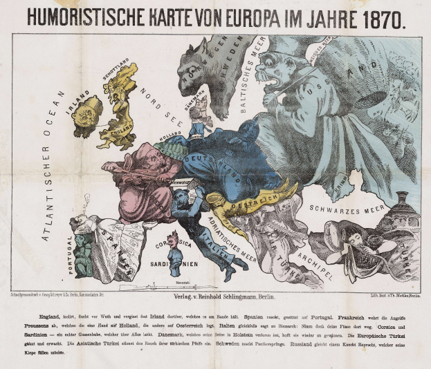 Ein Plakat mit einer Europa-Karte aus dem Jahr 1870, umgeben von Cartoon-Bildern und dem Text "Humoristische Karte von Europa im Jahre 1870".
