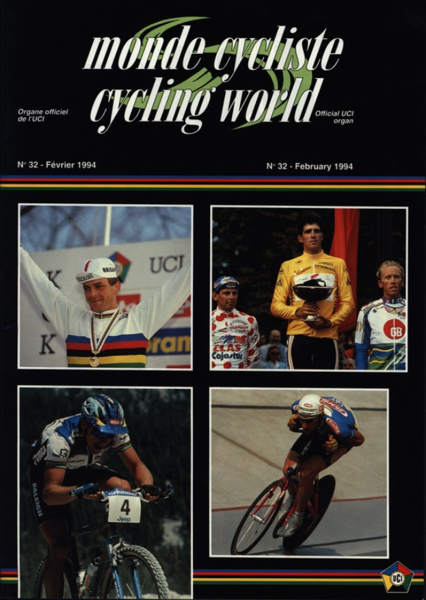Ein Plakat der Zeitschrift Monde Cycliste Cycling World vom Februar 1994, das vier Radfahrer mit Helmen und Fahrrädern zeigt, mit dem Zeitschriften-Titel oben.