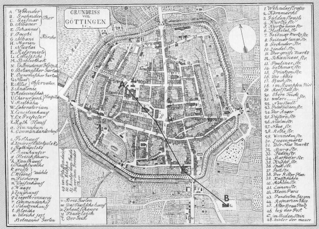 Eine detaillierte Schwarz-Weiß-Karte von Göttingen, Deutschland, die Straßen, Gebäude und Sehenswürdigkeiten mit Textbeschriftungen zeigt.
