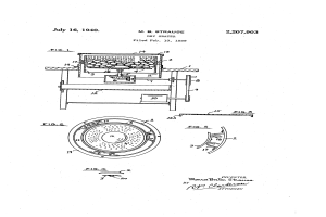 Schwarze und weiße Linienzeichnung eines Gasofens mit dem Text "US-Patent 2,207,903" auf einem weißen Hintergrund.