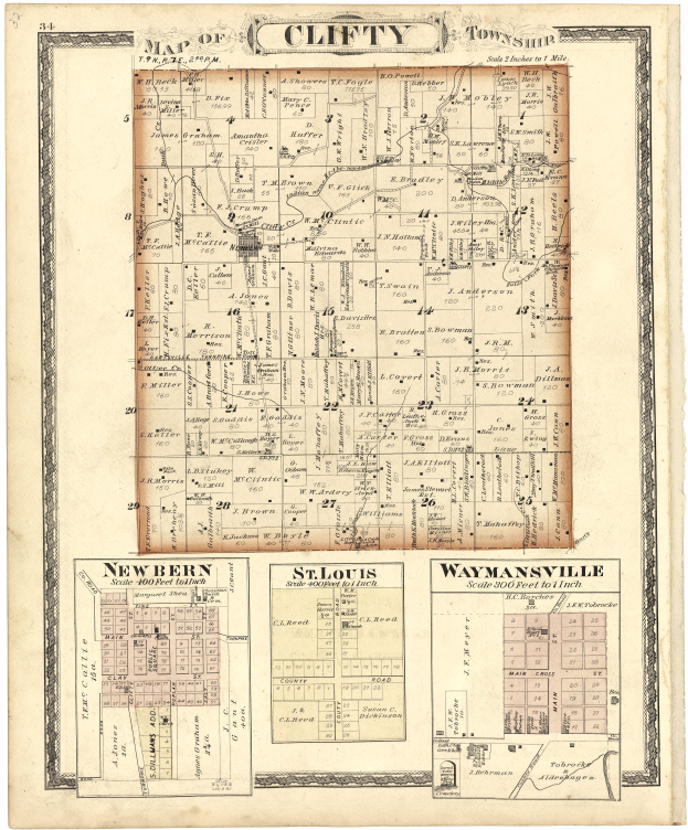Ein detailliertes altes Stadtplan von Clifton, New Brunswick, zeigt Straßen, Gebäude und Sehenswürdigkeiten mit Text oben und unten auf dem Papier.