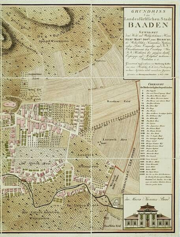 Alte detaillierte Karte von Baden-Württemberg, Deutschland, mit einem Gebäude in der rechten unteren Ecke, die Straßen, Gebäude und Text mit Stadtinformationen anzeigt.