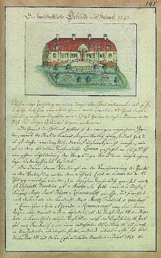 Ein historisches Dokument aus dem Jahr 1797 mit einer detaillierten Abbildung der Schleswig-Holstein-Schule von Delmar in Deutschland, mit einem roten Dach, weißen Wänden und einem Text zur Beschreibung der Geschichte der Schule.
