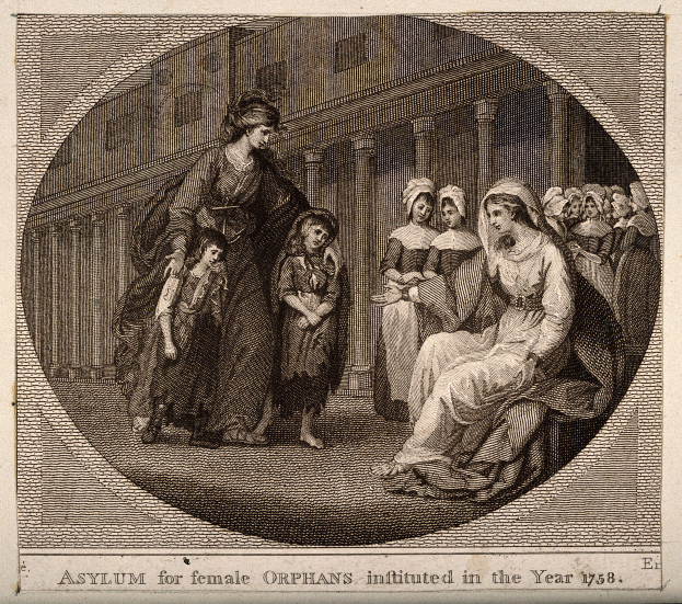 Eine Gravur, die eine Gruppe von Frauen und Kindern in einem Raum mit einem Gebäude im Hintergrund zeigt, mit Text unten, der besagt "Asyl für weibliche Waisen, geweiht im Jahr 1758", in Schwarzweiß.