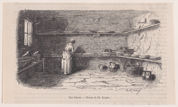 Eine Gravur einer Frau, die in einer Küche steht, umgeben von Töpfen, Gefäßen und anderen Gegenständen auf den Regalen, mit einem Fenster auf der linken Seite und Text unten.