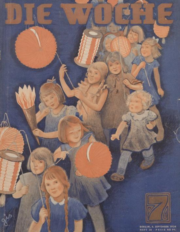 Titelbild der *Die Woche* Zeitschrift mit Kindern in traditioneller deutscher Tracht, die buntfarbige Laternen halten und den 7. September 1934 feiern, mit der Aufschrift "Die Woche" und "Frohes neues Jahr."