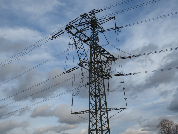 Eine Hochspannungsleitung mit einem Turm und zahlreichen Drähten im Vordergrund, vor einem bewölkten Himmel mit Bäumen im Hintergrund.