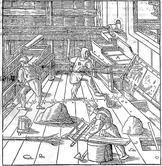 Ein schwarz-weißes 18. Jahrhundert-Etikett von drei Männern in traditioneller Kleidung, die in einer Fabrik arbeiten, mit einer Wand im Hintergrund und Text unten, der "18. Jahrhundert-Etikett des Inneren einer Fabrik" lautet.