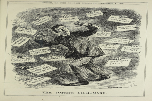 Ein Blatt mit einer Zeichnung eines Mannes im Anzug und Krawatte, der ein Schild hält, auf dem 'Der Albtraum des Wählers' steht und einen entschlossenen, selbstbewussten Ausdruck hat.