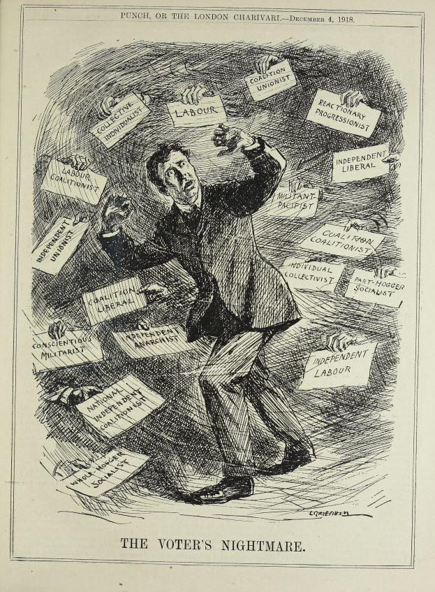 Ein Blatt mit einer Zeichnung eines Mannes im Anzug und Krawatte, der ein Schild hält, auf dem 'Der Albtraum des Wählers' steht und einen entschlossenen, selbstbewussten Ausdruck hat.