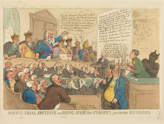 Cartoon-Illustration einer Gerichtsszene mit dem Titel "Boney's Trial, Sentence, and Dying Speech Europe's Injuries Revenged", die einen zentralen stehenden Mann und sitzende Figuren sowie einen Tisch mit Gegenständen auf der rechten Seite zeigt.