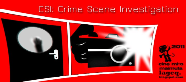 Rotes Plakat mit der Aufschrift "CSI Crime Scene Investigation" in weißer Fettschrift, das eine Person in einer schwarzen Kapuzenjacke mit entschlossener Miene zeigt, umgeben von einem schwarzen und weißen Rand, vor einem dunklen blauen Hintergrund.
