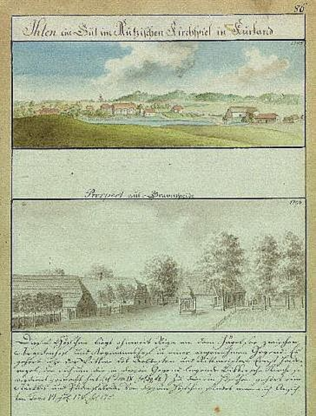 Eine Buchseite mit einer Illustration von 1750-1790, die München, Deutschland zeigt, mit einem Dorf, Bäumen, Häusern, Gras und einem bewölkten Himmel.