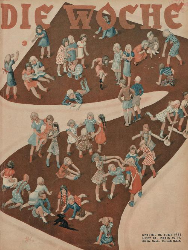 Eine Gruppe strahlender Kinder, die auf einem bunten deutschen Magazincover von "Die Woche" vom Juni 1933 im Kreis spielen.
