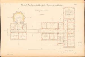 Ein detailliertes architektonisches Zeichnung eines mehrräumigen Gebäudes, einschließlich eines Grundrisses, der für die Universität Dresden beschriftet ist, mit begleitendem handgeschriebenem Text.