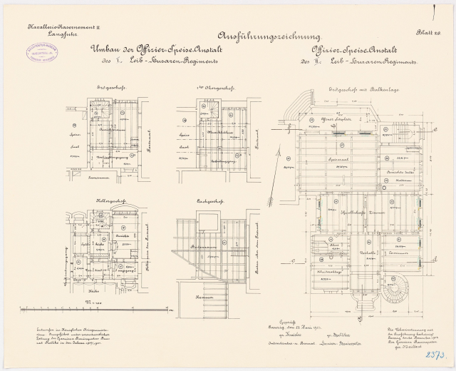 Schwarzer und weißer Grundriss des ehemaligen Bundeskanzleramts, zeigt detaillierte architecturale Layout und TextAnnotation.