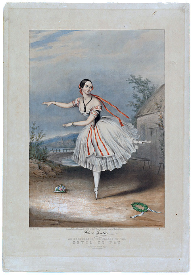 Eine Ballerina in einem weißen Tutu tanzt anmutig vor einer Kulisse aus Bäumen, einem Haus und einem Himmel, mit Text am unteren Rand des Bildes.