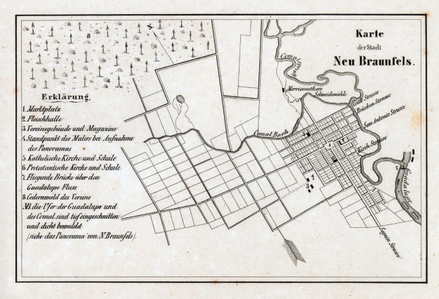 Ein detailliertes altes Stadtplan von New Braunfels, Deutschland, mit Straßennamen, Gebäuden und Sehenswürdigkeiten mit Textbeschriftungen.