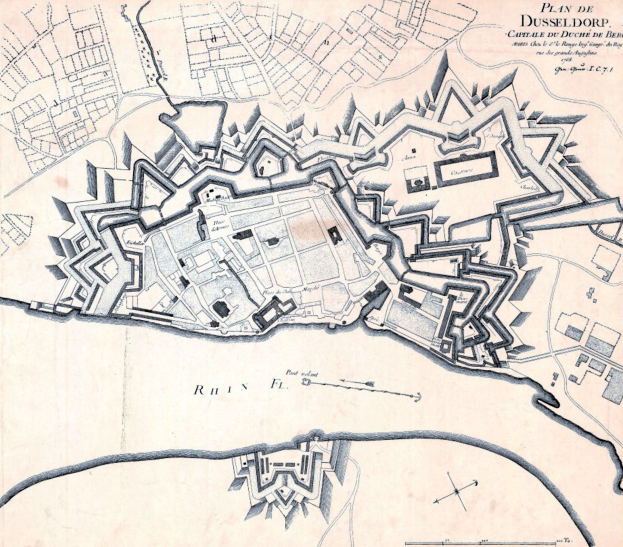 Ein detaillierter Stadtplan von Düsseldorf, Deutschland, auf einem Plakat, der Straßen, Gebäude und Sehenswürdigkeiten hervorhebt, mit begleitendem Text über die Bevölkerung, Geschichte und Kultur der Stadt.