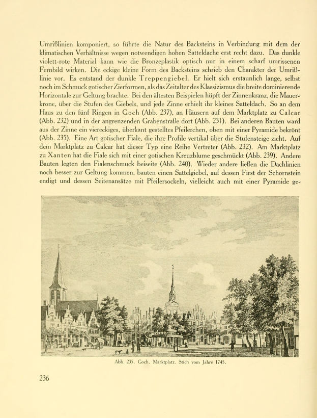 Ein aufgeschlagenes Buch mit einer Stadtansicht-Illustration, die Gebäude, Bäume und Menschen zeigt, begleitet von beschreibendem Text.