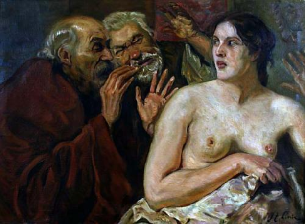 Ein Gemälde namens "Der Kuss" von Jean-Baptiste-Camille Corot zeigt zwei Männer, die nebeneinander stehen, wobei einer den anderen küsst, und eine Frau, die sanft zu ihnen aufblickt, in einem Raum mit einer Wand im Hintergrund, unter Verwendung von gedämpften und erdigen Farben.