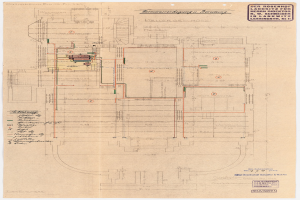 Schwarz-weißer Architekturplan des Rosenhof-Krankenhauses in Hamburg, Deutschland, mit detaillierten Grundrissen, beschrifteten Räumen, Gängen und ausführlichen Verdrahtungsskizzen auf altem Papier.