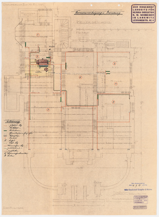 Schwarz-weißer Architekturplan des Rosenhof-Krankenhauses in Hamburg, Deutschland, mit detaillierten Grundrissen, beschrifteten Räumen, Gängen und ausführlichen Verdrahtungsskizzen auf altem Papier.