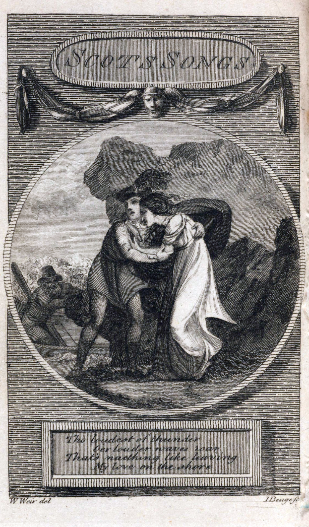 Eine Gravur eines Mannes und einer Frau, die sich leidenschaftlich küssen, wobei der Mann seinen Arm um die Taille der Frau gelegt hat, auf einem Papier mit Text.