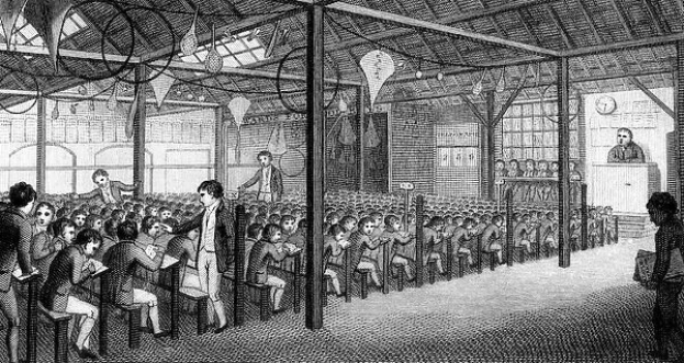 Eine Schwarz-Weiß-Zeichnung eines Klassenzimmers mit sitzenden und stehenden Menschen, mit Stangen, Lampen, einer Wanduhr und Text unten, der lautet "The School of Economics, London, England".