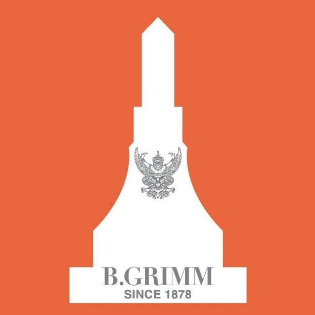 Ein orangefarbener Hintergrund mit einem weißen Kreis mit schwarzem Rand und einem schwarzen Buchstaben 'b' in der Mitte, darunter der Text 'b grimm seit 1878' in fetter, schwarzer Schrift zentriert.