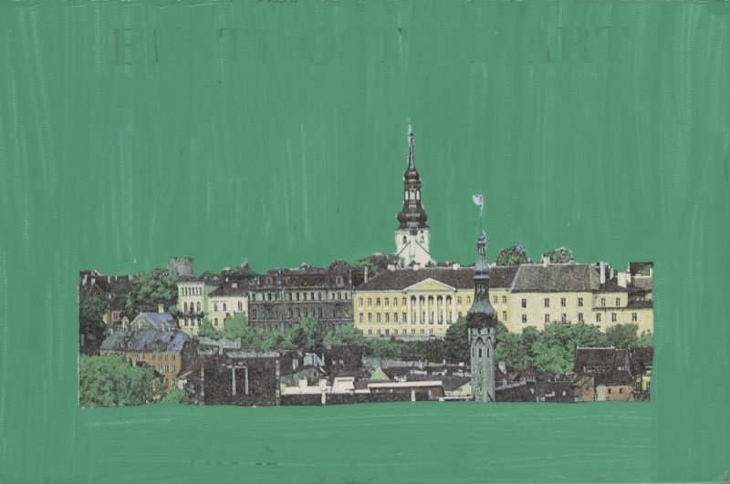 Bild eines Stadtpanoramas mit grünem Hintergrund, das Gebäude und Bäume zeigt.