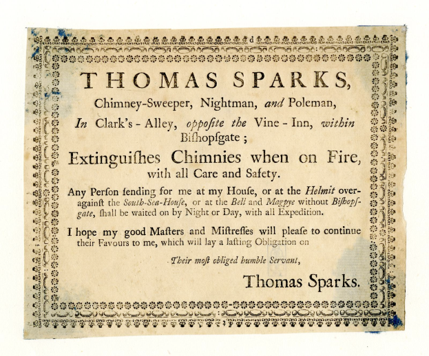 Eine Zeitung mit Textwerbung für die Schornsteinfegerdienste von Thomas Sparks in Clark's Alley, Bishopsgate.