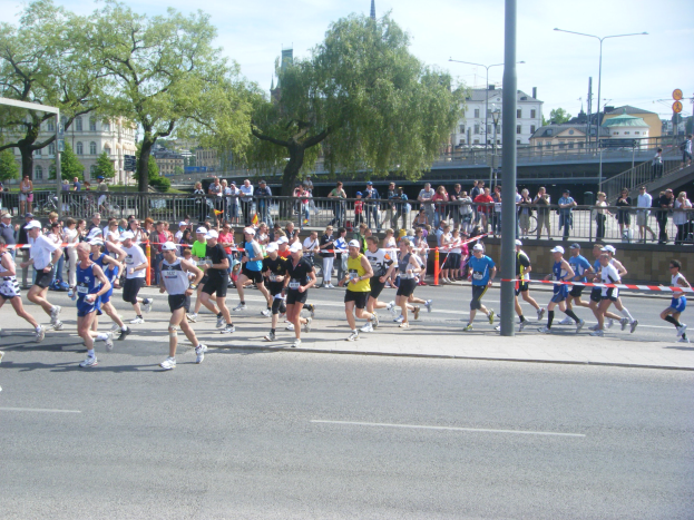 Eine Gruppe von Läufern bei einem Marathon auf einer Straße, umgeben von einem Metallzaun, einem Tor, einer an einen Pfosten gebundenen Schleife, Zuschauern auf dem Gehweg, einer Metallabsperrung, Pfosten, Straßenlaternen, Schildern, einer Brücke, Gebäuden mit Fenstern, Bäumen und einem bewölkten Himmel.